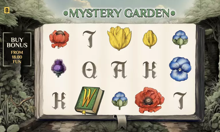 Mystery Garden online slot game interface featuring floral symbols, fantasy book-themed reels, and a buy bonus option from 18.00 FUN, set in an enchanted forest background