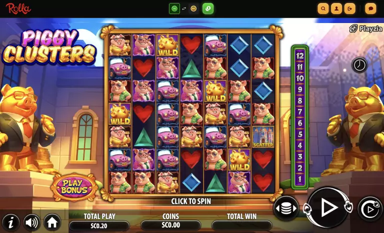 Piggy Clusters slot game at Rolla Casino featuring vibrant pig-themed reels, wild symbols, scatter bonuses, and colorful graphics from Playzia