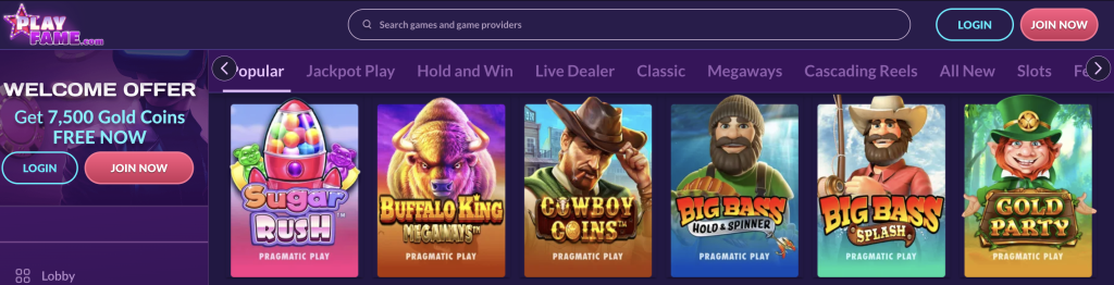 PlayFame Casino slot lobby showcasing popular Pragmatic Play titles like Sugar Rush, Buffalo King Megaways, Cowboy Coins, Big Bass Hold & Spinner, Big Bass Splash, and Gold Party, with a welcome offer of 7,500 Gold Coins for new players