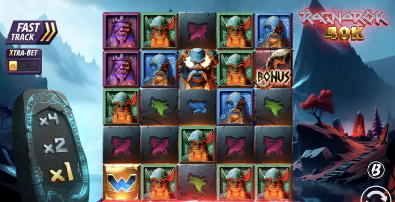 Ragnarok 40K online slot game with Norse mythology theme, featuring Viking warriors, fire-eyed monsters, bonus scatter symbols, Fast Track feature, and Xtra-Bet multiplier options