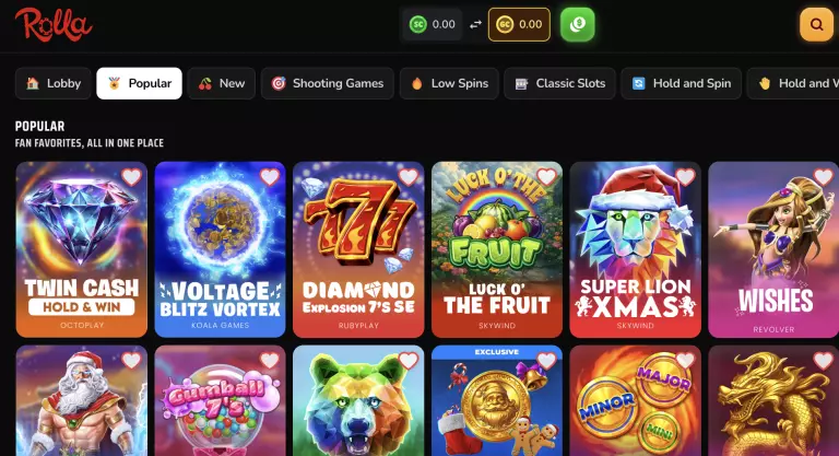 Rolla Casino lobby interface showcasing popular slot games like Twin Cash, Voltage Blitz Vortex, Diamond Explosion 7âs, and Gates of Olympus Xmas 1000, with vibrant thumbnails and filter tabs for new, shooting, and classic slots