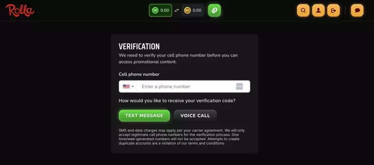 Rolla Casino phone number verification screen for accessing promotional content, with options to receive code via text message or voice call