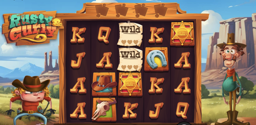 Rusty and Curly slot game screen featuring cowboy characters, sheriff badges, wild symbols, and a Wild West-themed backdrop