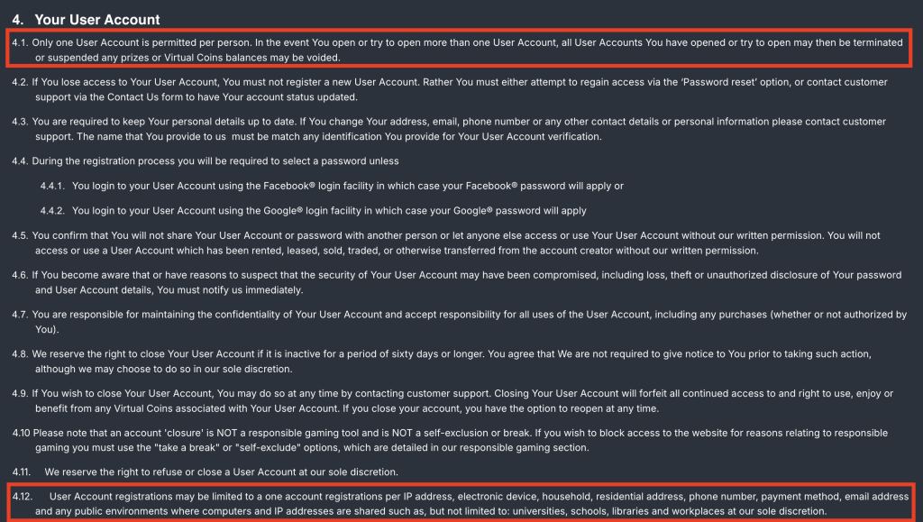 Screenshot of Spinfinite Casino's Terms of Service section on user account rules, highlighting clauses that restrict users to one account per person, prohibit multiple registrations per IP address or household, and warn of potential account termination and prize forfeiture for violations