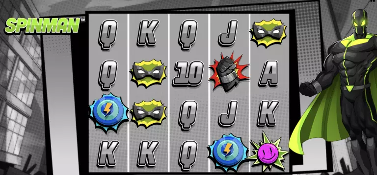 Spinman online slot game with comic-style superhero theme, featuring masked symbols, lightning bolts, fists, and vibrant bonus icons on a grayscale city backdrop