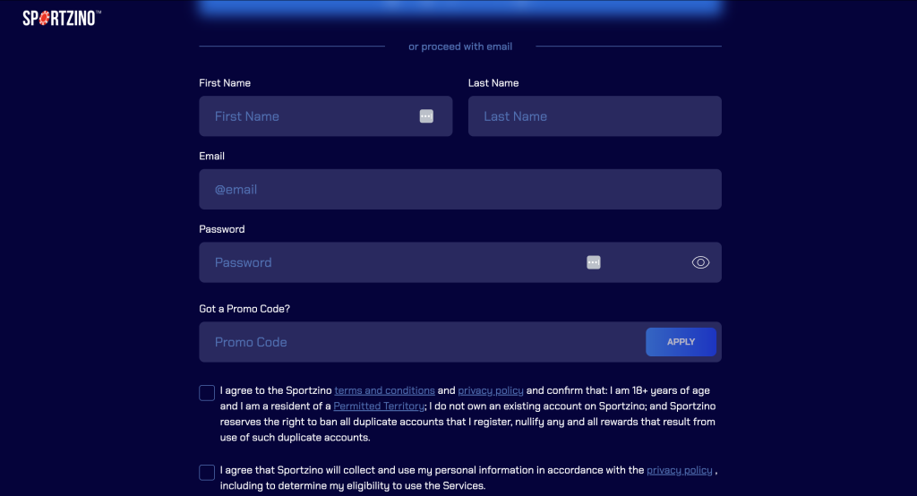 Sportzino Casino sign-up form with fields for first name, last name, email, password, promo code, and terms agreement checkboxes