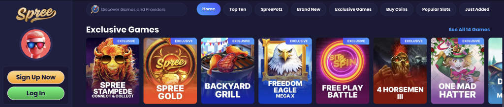 Spree Casino slot lobby showcasing exclusive games like Spree Stampede, Spree Gold, Backyard Grill, Freedom Eagle Mega X, Free Play Battle, 4 Horsemen III, and One Mad Hatter, with sign up and log in options