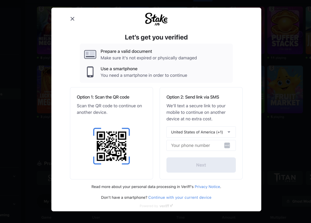 Stake.us casino identity verification screen with QR code and SMS verification options for account verification