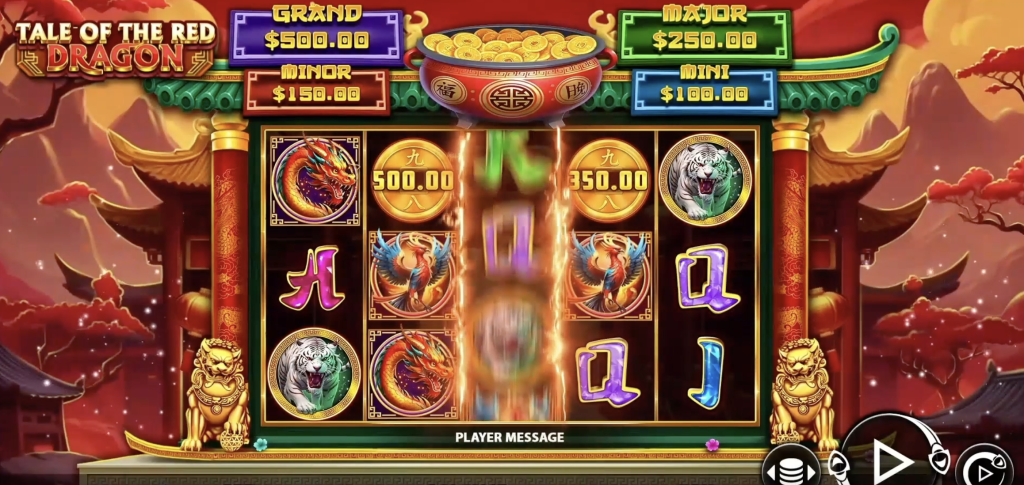 Tale of the Red Dragon slot game interface featuring an Asian-themed design with golden dragons, phoenixes, white tigers, and high-value coin symbols, displaying jackpot tiers: Grand, Major, Minor, and Mini with dynamic spinning reels