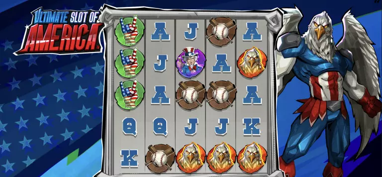 Ultimate Slot of America slot game featuring patriotic symbols like Uncle Sam, American flag hand signs, bald eagles, and baseball icons with a superhero eagle character on a blue starry background