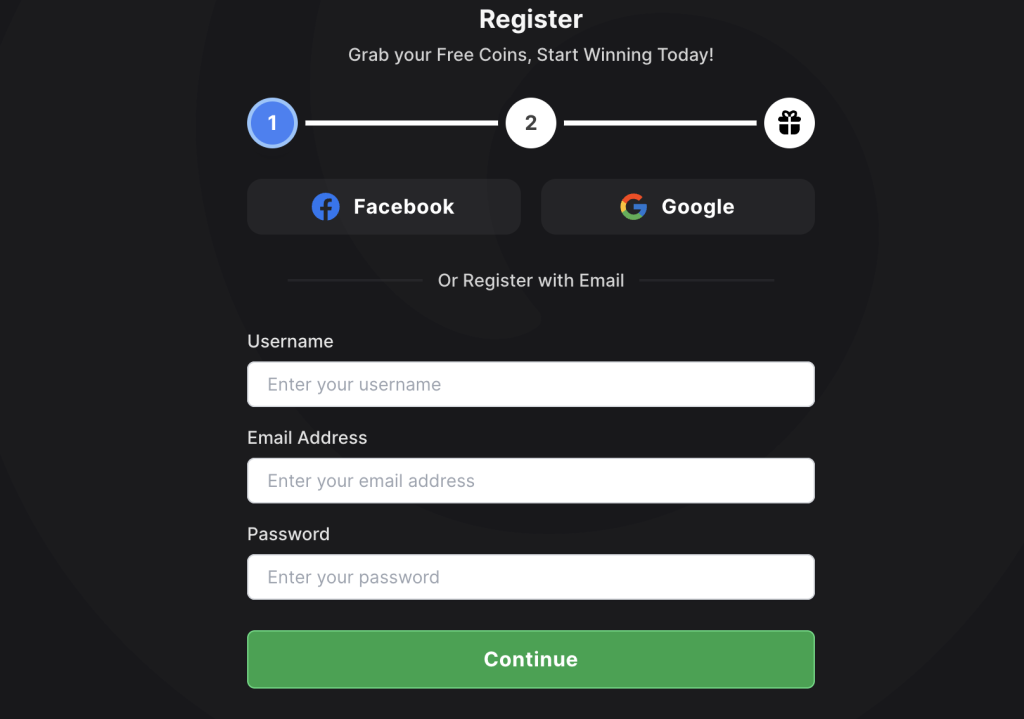 WOW Vegas Casino sign up form offering free coins with registration via Facebook, Google, or email