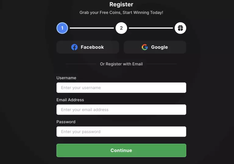 WOW Vegas Casino sign up form offering free coins with registration via Facebook, Google, or email