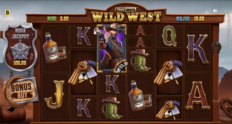 Wild West Trueways slot game featuring cowboy wild symbols, whiskey bottles, revolvers, boots, and bonus buy option with Mega, Major, and Mini jackpot displays.