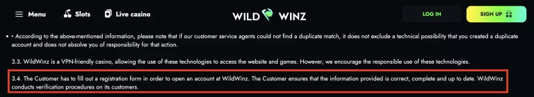 WildWinz casino terms and conditions screenshot highlighting section 3.4, which states that customers must complete a registration form with accurate and up-to-date information for account creation and verification