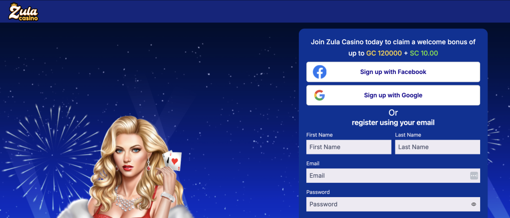 Zula Casino sign-up form with welcome bonus offer, Facebook and Google registration options, and email registration fields