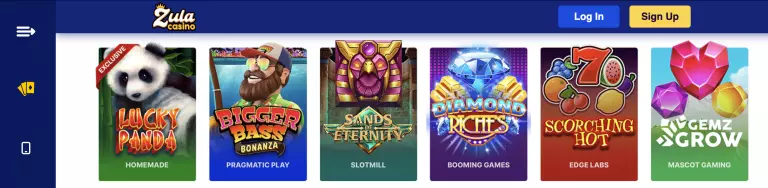 Zula Casino slot game lobby featuring popular titles like Lucky Panda, Bigger Bass Bonanza, Sands of Eternity, Diamond Riches, Scorching Hot, and Gemz Grow, with login and signup options