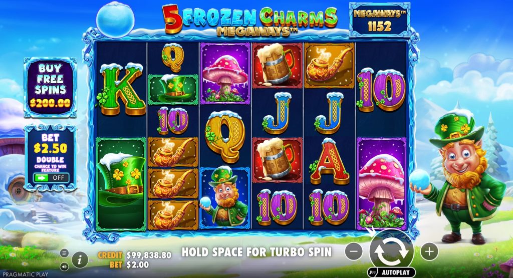5 Frozen Charms Megaways slot game screen featuring colorful reels with leprechaun, mushroom, beer, hat, and card symbols, snow-themed background, and buy free spins option by Pragmatic Play.