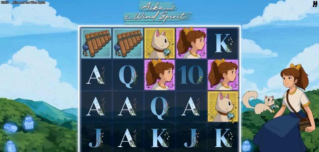 Aiko and the Wind Spirit slot game featuring anime-style graphics, wind-themed symbols, and a serene landscape backdrop