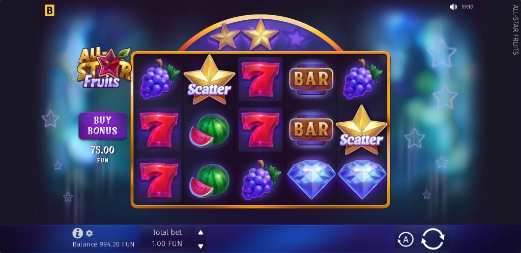 All Star Fruits slot machine with classic fruit symbols like grapes, watermelons, sevens, diamonds, and scatter stars, vibrant purple background, and a buy bonus option.