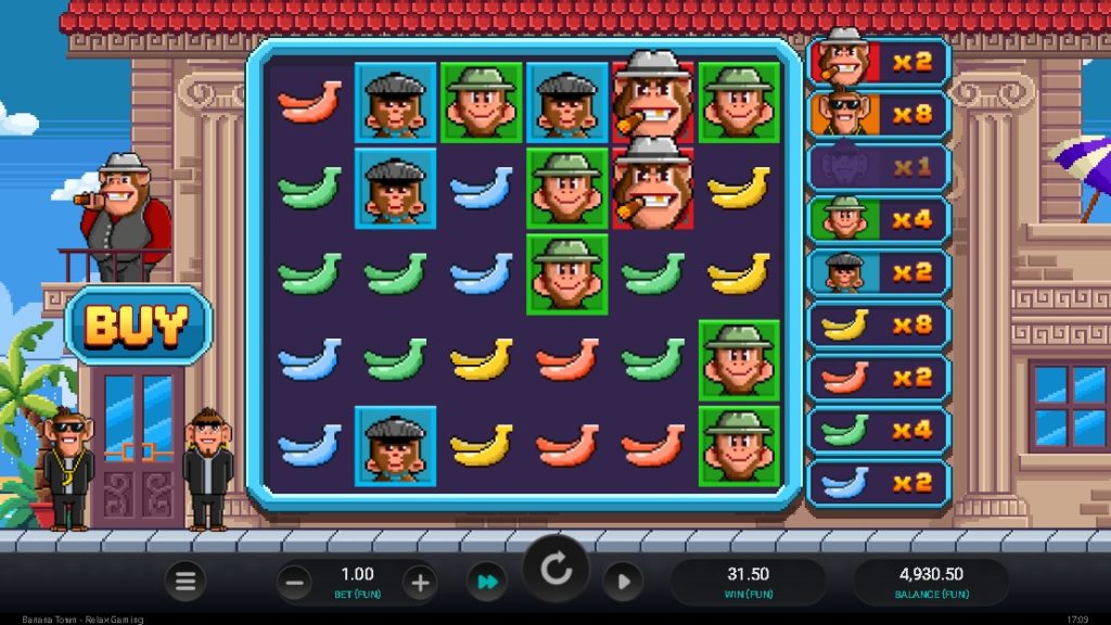Banana Town slot game screen featuring cartoon gangster monkeys, colorful bananas, bonus buy button, and multiplier ladder in a pixel art city background.