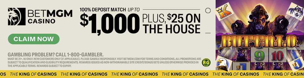 BetMGM Casino welcome bonus banner offering 100% deposit match up to $1,000 plus $25 free on sign-up, featuring Buffalo slot game and Claim Now button âÃÂàideal for online casino promotions.