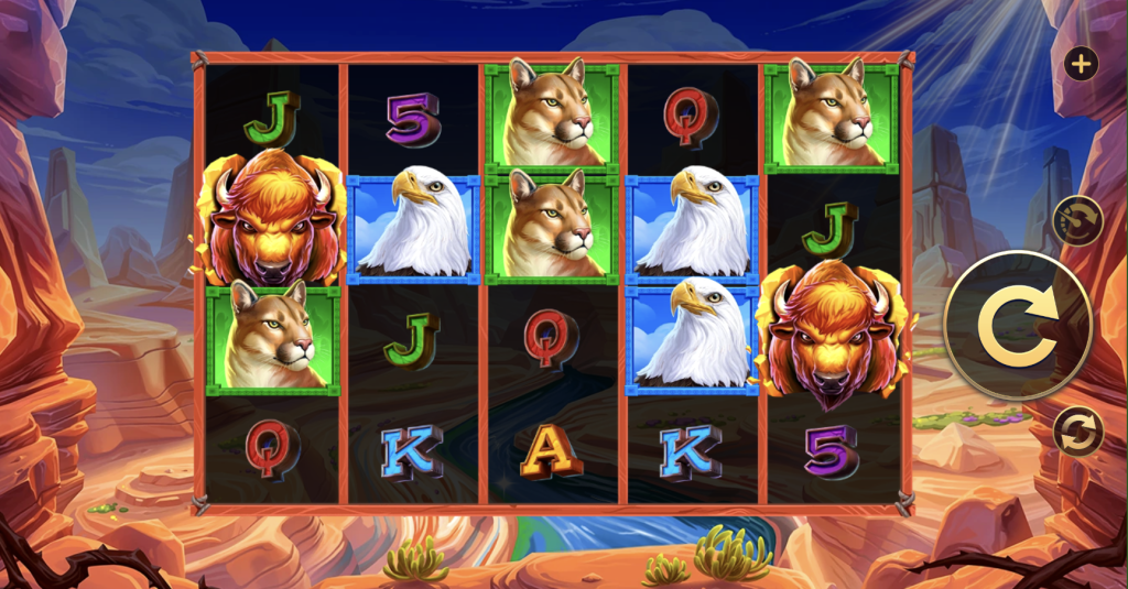 Big Bad Buffalo slot game with a wild west canyon background featuring buffalo, cougar, and eagle symbols alongside classic playing card icons on vibrant reels.