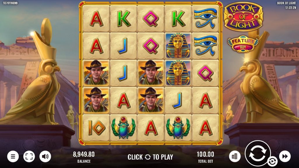 Book of Light slot machine game showing Egyptian-themed symbols, golden statues, adventurer character, and feature buy button in ancient temple setting.