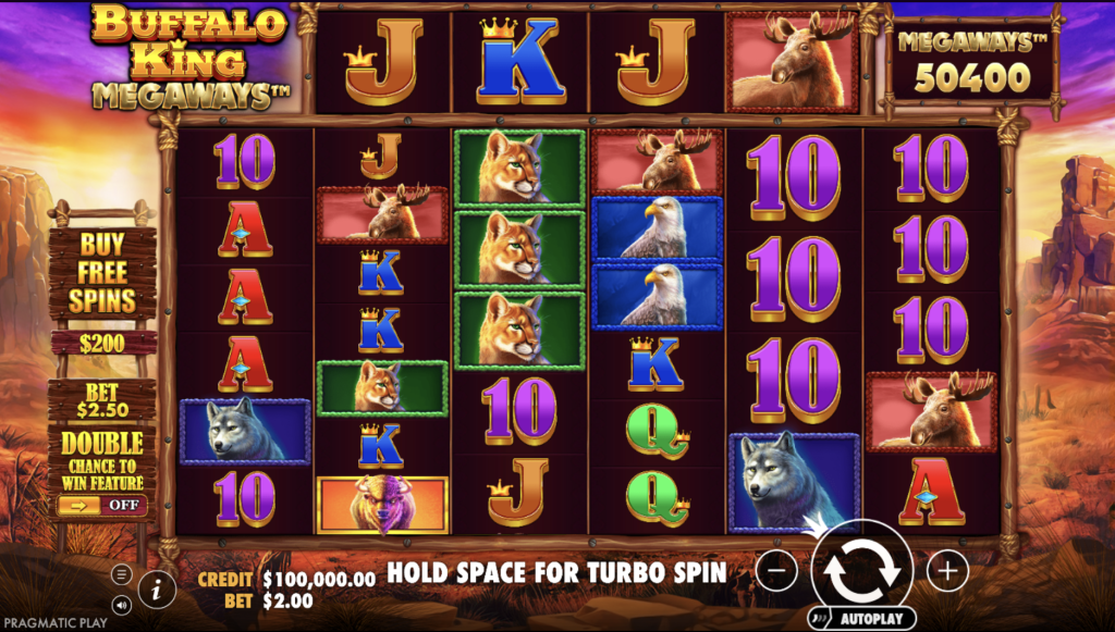 Buffalo King Megaways slot game by Pragmatic Play featuring wild animals like buffalo, cougars, wolves, eagles, and moose with 50,400 Megaways, bonus buy free spins, and double chance feature.