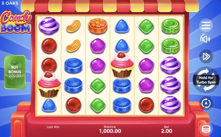 Candy Boom slot game by 3 Oaks featuring vibrant candy symbols, cupcakes, bonus buy option, and playful candy shop theme with turbo spin functionality