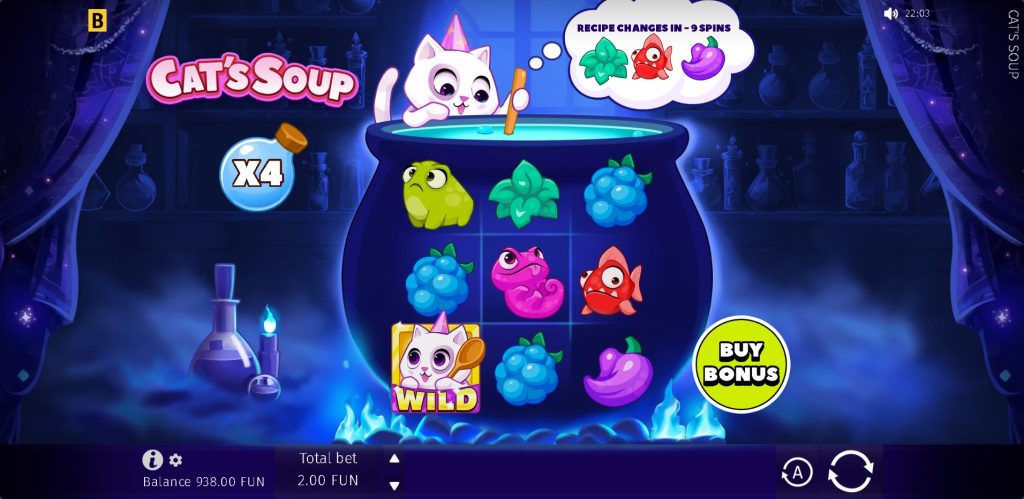 Cat's Soup slot game with a cartoon cat stirring a magical cauldron, recipe feature tracker, and wild symbol on the reels.