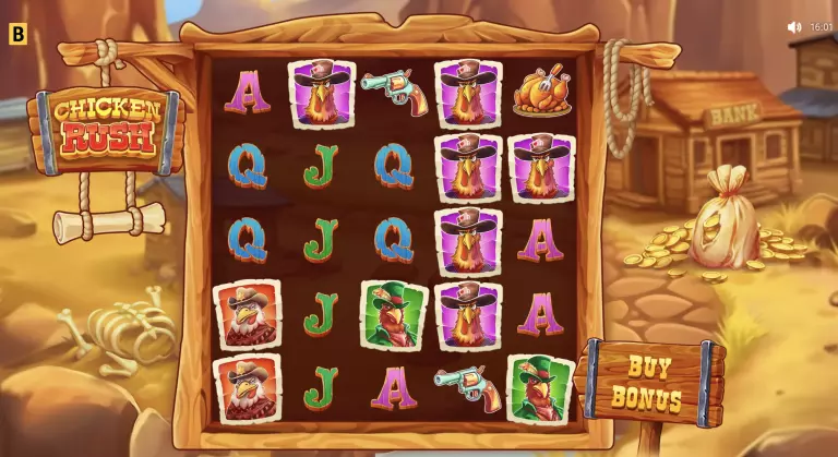 Chicken Rush slot game interface featuring cowboy chickens, pistols, and wild west-themed symbols on a wooden reel board, with a 'Buy Bonus' feature and animated gold coin bag in a desert town backdrop