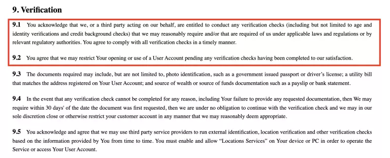 Cool Spin Slots terms and conditions section outlining verification requirements, including age, identity, credit background checks, and account restrictions pending verification completion.