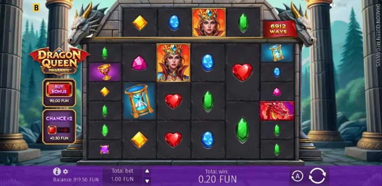Dragon Queen Megaways slot featuring fantasy dragons, cascading reels, and a bonus buy option with variable paylines