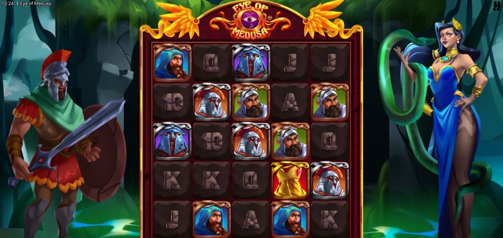 Eye of Medusa slot game featuring a Greek warrior and Medusa on each side of the reels, with mythological symbols and fantasy-themed graphics.