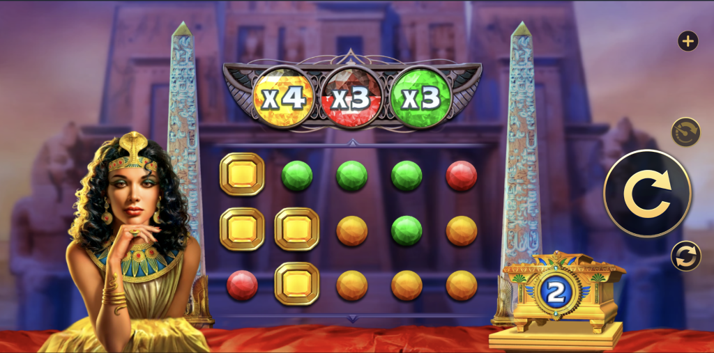 Feather of the Nile slot game with an ancient Egyptian theme featuring Cleopatra, colorful gemstones, multipliers, obelisks, and ornate golden treasure chest symbols.