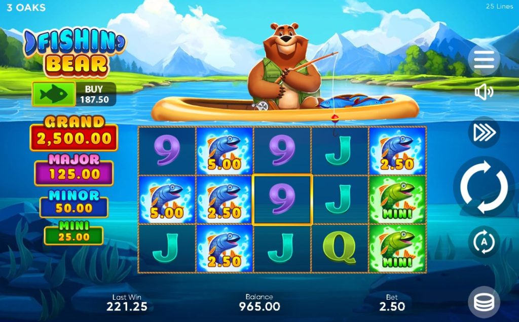 Fishinâ Bear slot game by 3 Oaks featuring cartoon bear in a boat, fish bonus symbols, jackpot tiers, and 25 payline underwater-themed reels