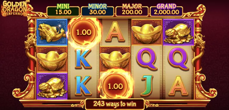 Golden Dragon Inferno slot game screen featuring 243 ways to win, golden dragon-themed symbols like coins, turtles, fish, and gold ingots with mini, minor, major, and grand jackpot values.