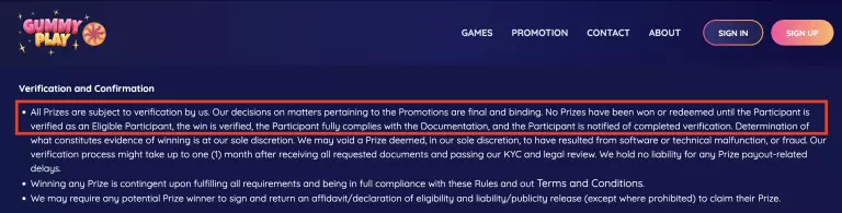 GummyPlay Casino prize verification policy highlighting that all winnings are subject to eligibility verification, KYC, and compliance with documentation requirements before payout.