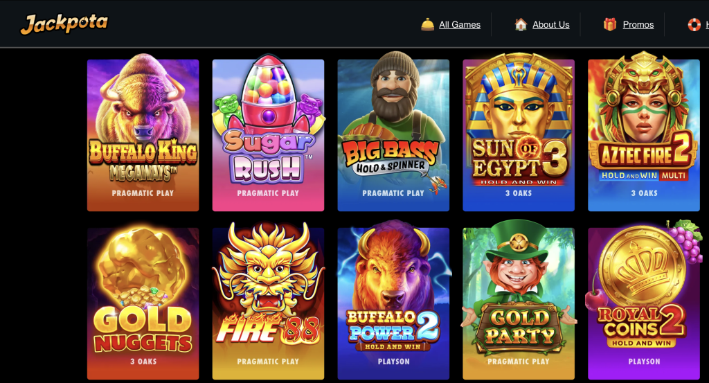 Jackpota Casino homepage displaying popular online slot games including Buffalo King Megaways, Sugar Rush, Big Bass Hold & Spinner, Sun of Egypt 3, Aztec Fire 2, Gold Nuggets, Fire 88, Buffalo Power 2, Gold Party, and Royal Coins 2 from providers like Pragmatic Play, 3 Oaks, and Playson
