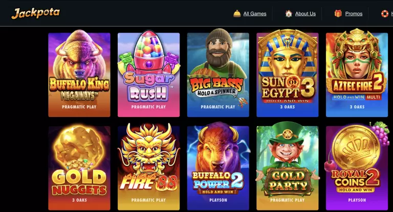 Jackpota Casino homepage displaying popular online slot games including Buffalo King Megaways, Sugar Rush, Big Bass Hold & Spinner, Sun of Egypt 3, Aztec Fire 2, Gold Nuggets, Fire 88, Buffalo Power 2, Gold Party, and Royal Coins 2 from providers like Pragmatic Play, 3 Oaks, and Playson