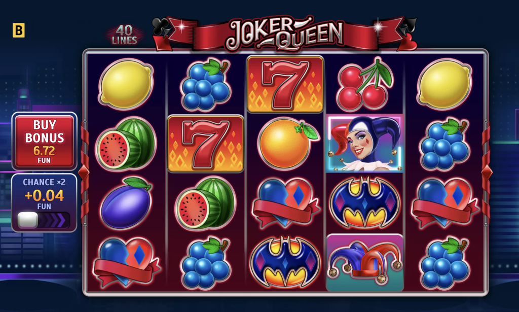 Joker Queen online slot game with 40 paylines, fruit symbols, red sevens, wild joker queen character, and bonus buy feature displayed on a vibrant night city background