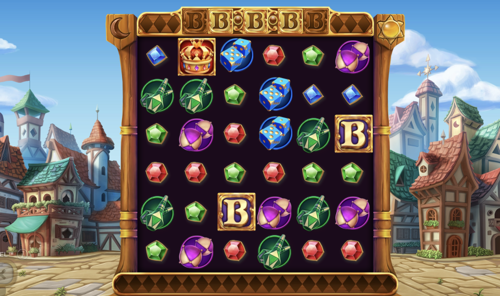 Joker Split slot game interface with colorful gems, golden âBâ bonus symbols, crown icon, and medieval village background