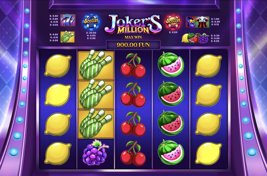 Jokerâs Million slot game featuring vibrant fruit symbols, candy hands, cherries, lemons, and watermelons on a purple-themed interface with a 900.00 FUN max win
