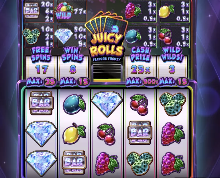 Juicy Rolls Feature Frenzy online slot machine game screen showcasing vibrant fruit symbols, diamonds, BARs, and wilds with active bonuses like free spins, win spins, cash prize multiplier, and Wild Wilds feature