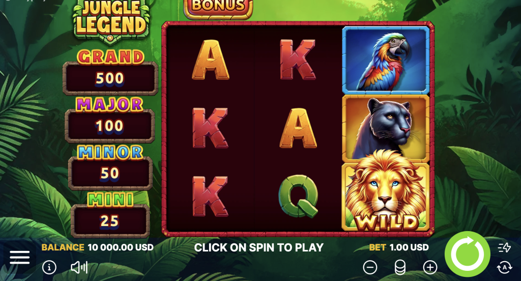Jungle Legend slot game featuring vibrant jungle-themed symbols including parrots, panthers, and lions as wilds, with mini, minor, major, and grand jackpot prizes displayed on the side.