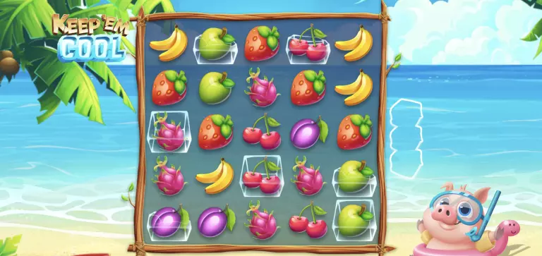 Keep âEm Cool online slot game featuring a tropical beach background with frozen fruit symbols like bananas, strawberries, cherries, and dragon fruit, plus a snorkel-wearing pig mascot on the shore.