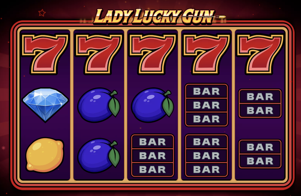 Lady Lucky Gun slot machine game screen featuring red sevens, bar symbols, diamonds, plums, and lemons on a vibrant purple and red-themed reel design.