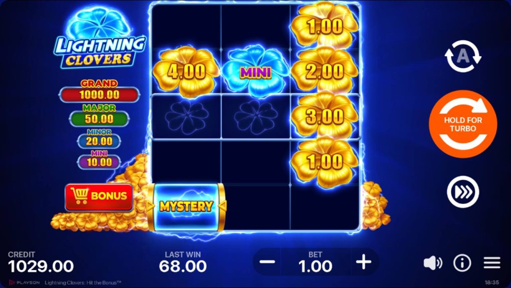 Lightning Clovers slot game screen featuring bonus clover symbols, jackpot prize values, and a glowing blue and gold theme by Playson.