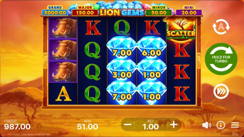 Lion Gems slot game by Playson featuring sparkling diamond bonus symbols, warthog icons, scatter tree, and four jackpot prize levels on a savanna-themed background.