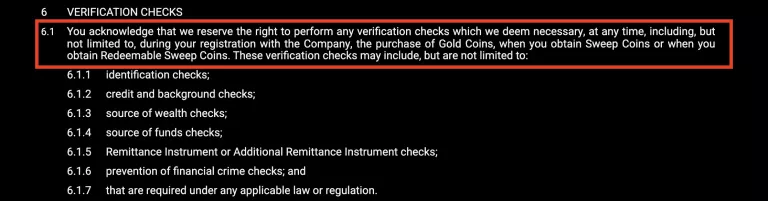 LoneStar Casino verification policy screenshot outlining section 6.1, which reserves the right to conduct identification, credit, and financial background checks during registration or when acquiring Gold or Sweep Coins.
